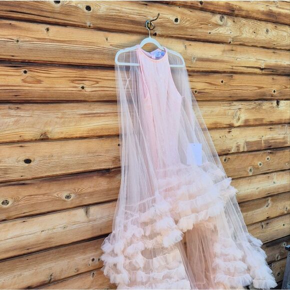 MAC DUGGAL 68252 Light Pink Tulle High Neck Sleeveless Ruffled Hem Hi-Low Gown - Picture 10 of 16